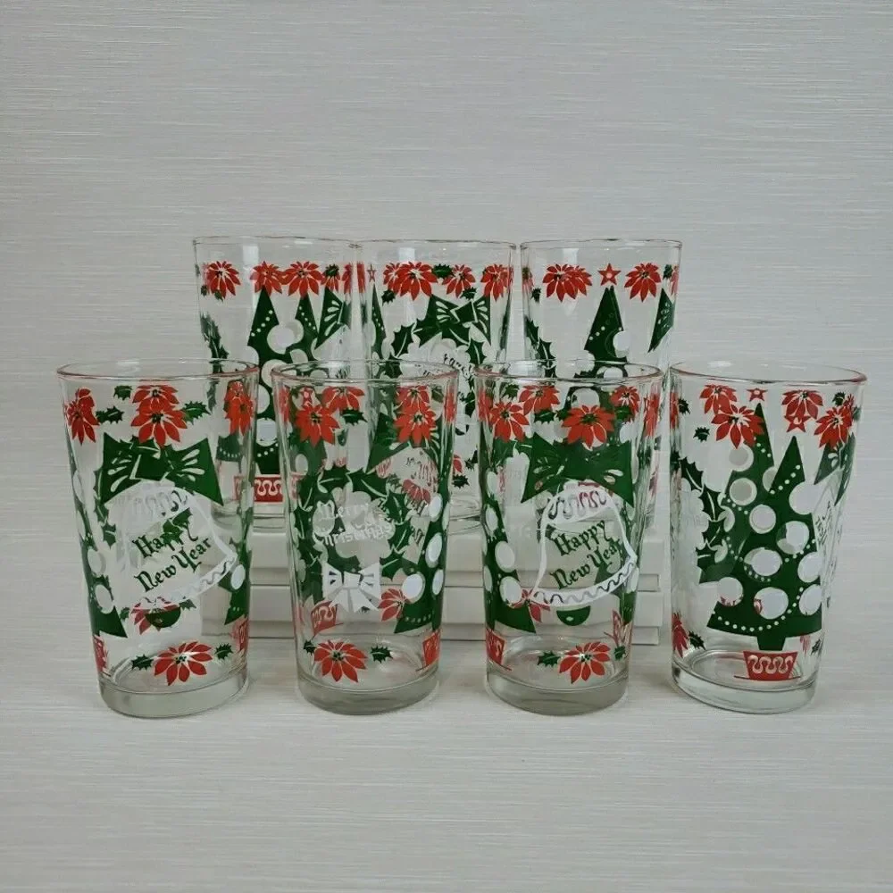 Vintage 7 Merry Christmas Happy New Year Cups Tumblers Continental Glass MCM
